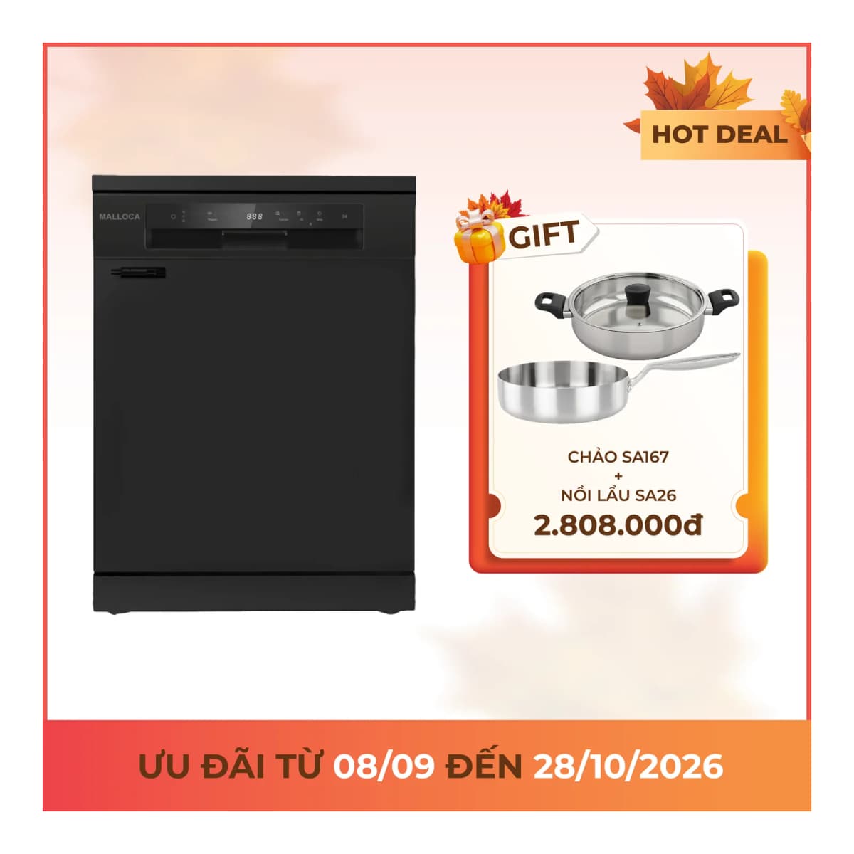 Máy rửa chén độc lập âm tủ 60 cm 15 bộ chén dĩa sấy khí nóng tuần hoàn chính hãng Malloca