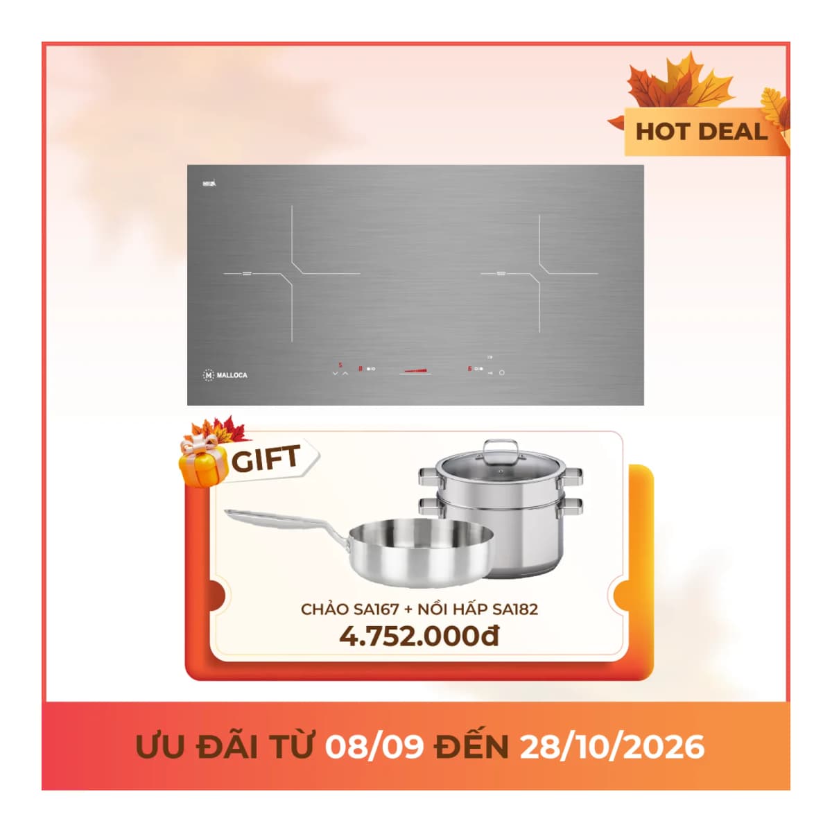 Bếp từ 2 vùng nấu 72 cm chính hãng Malloca